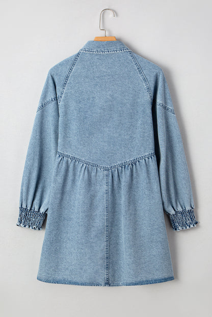 Beau Blue Smocked Cuffs Flared Denim Shirt Mini Dress