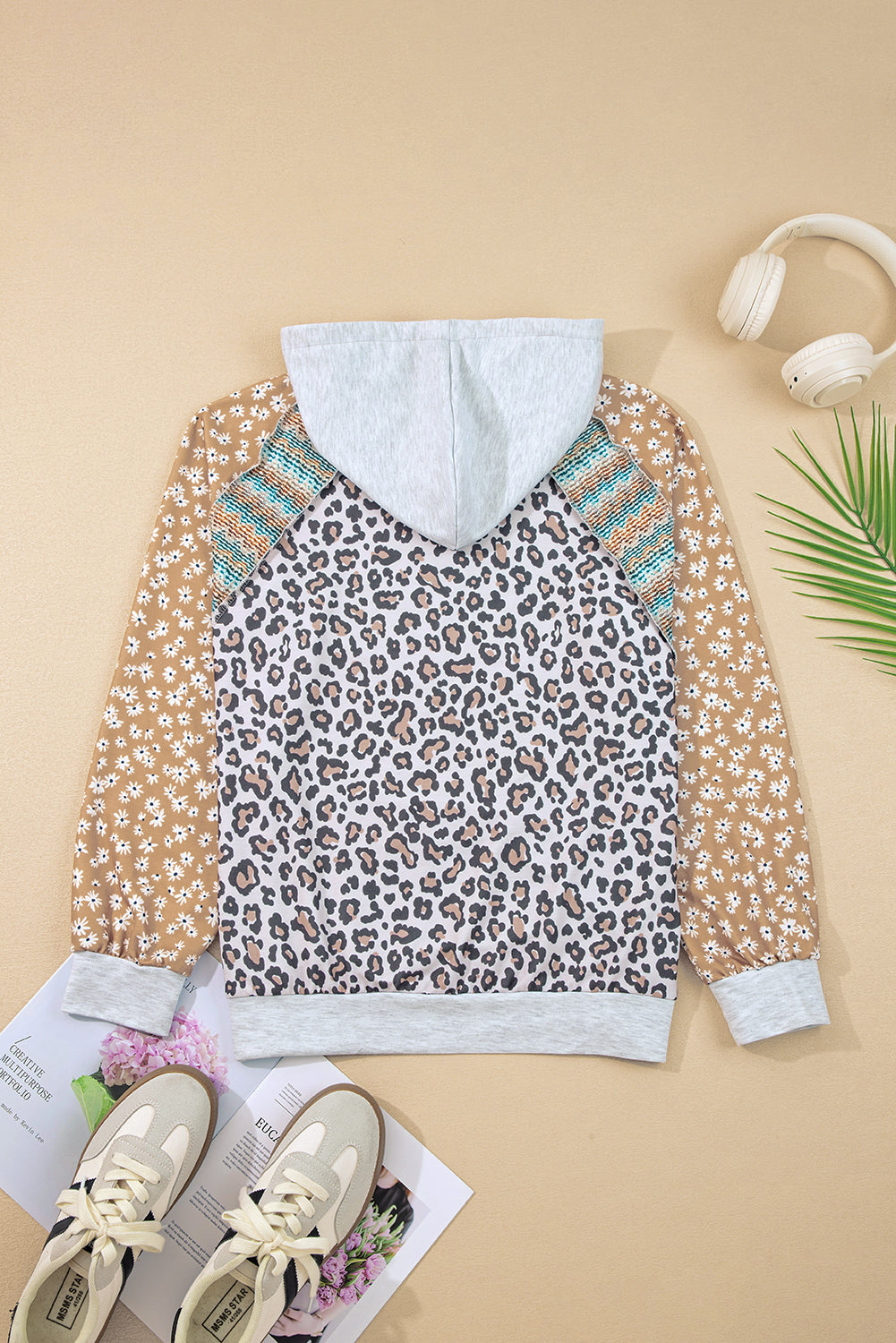 Multicolor Leopard Floral Patchwork Drawstring Hoodie