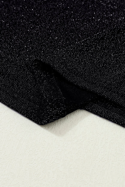 Schwarzes, glitzerndes Langarm-Top mit Rundhalsausschnitt