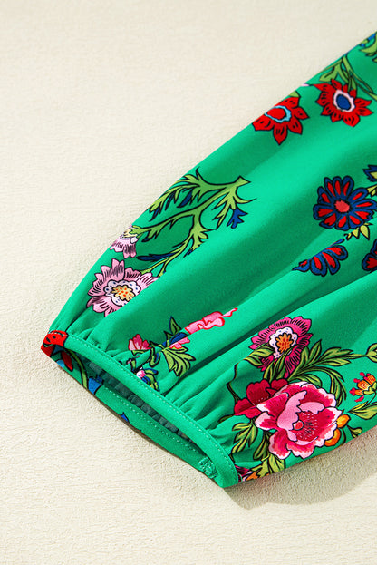 Green Floral Ruffled Three Quarter Sleeve Buttoned Mini Dress