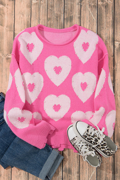 Bonbon Pullover mit Perlen und Herz-Ausschnitt und überschnittener Schulter