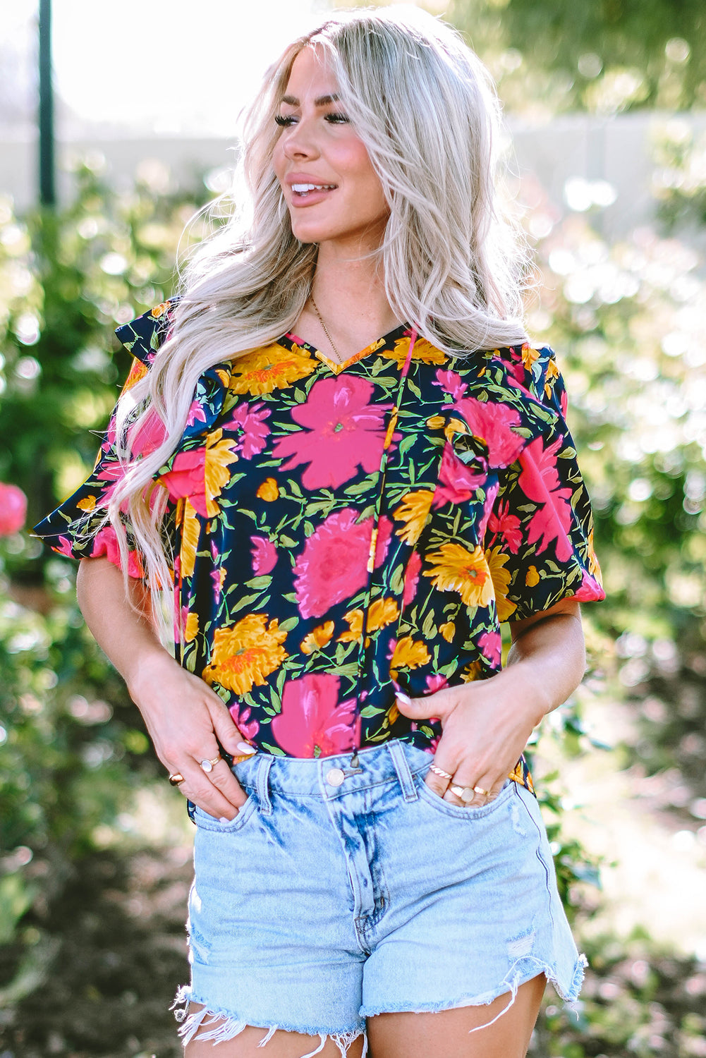 Rose Red Floral Bubble Sleeve Notch V Neck Ruffled Blouse