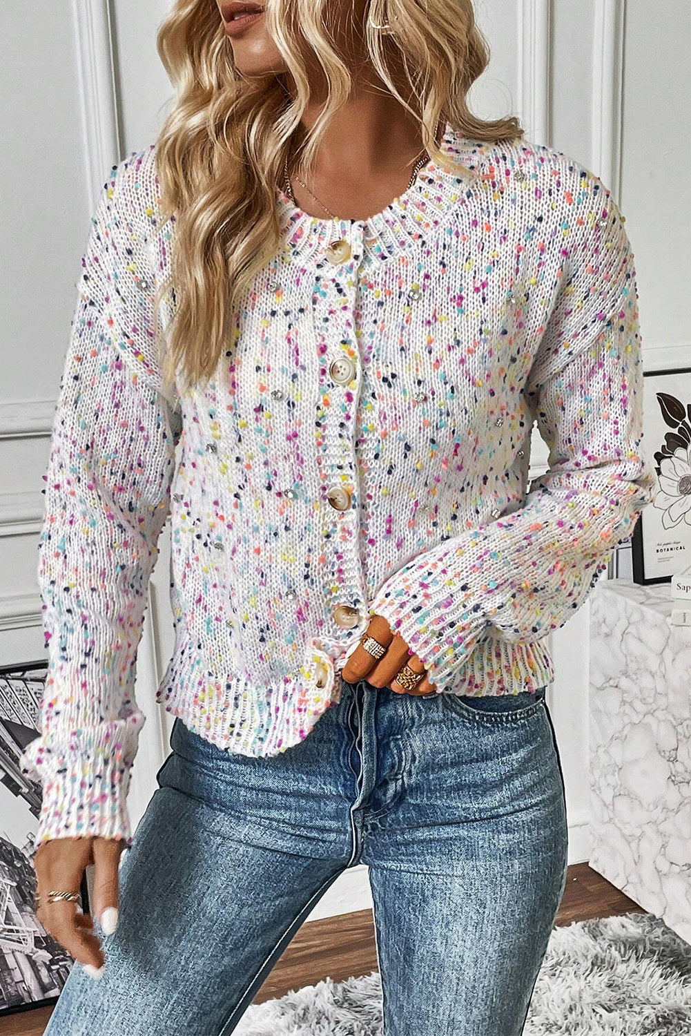 Weißer mehrfarbiger Konfetti-Pullover-Cardigan