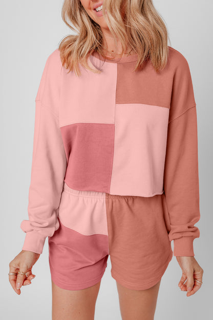 Pfirsichblüten-Colorblock-Patchwork-Langarm-Shorts-Outfit