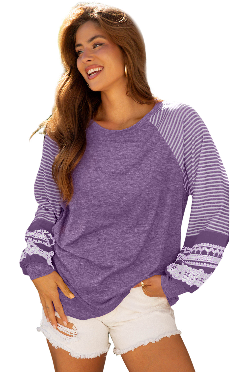 Tillandsia Purple Contrast Print Striped Raglan Long Sleeve Loose Top