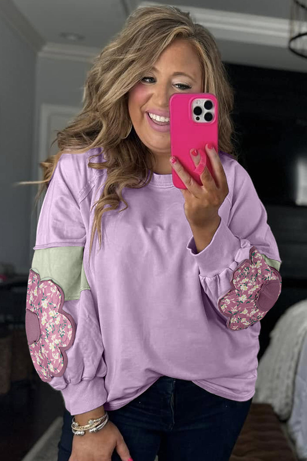 Phalaenopsis Flower Patch Colorblock Plus Size Pullover Top