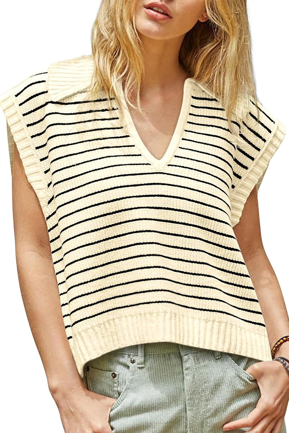 Beiges gestreiftes Umlege-Tanktop mit V-Ausschnitt