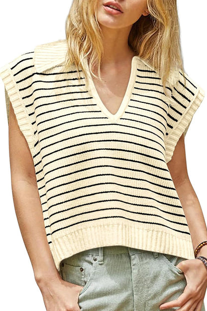Beiges gestreiftes Umlege-Tanktop mit V-Ausschnitt