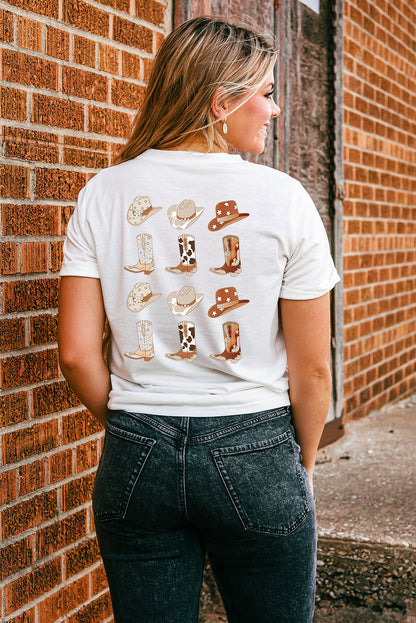 Weißes T-Shirt mit doppelseitiger Grafik mit Cowboyhut und Stiefeln