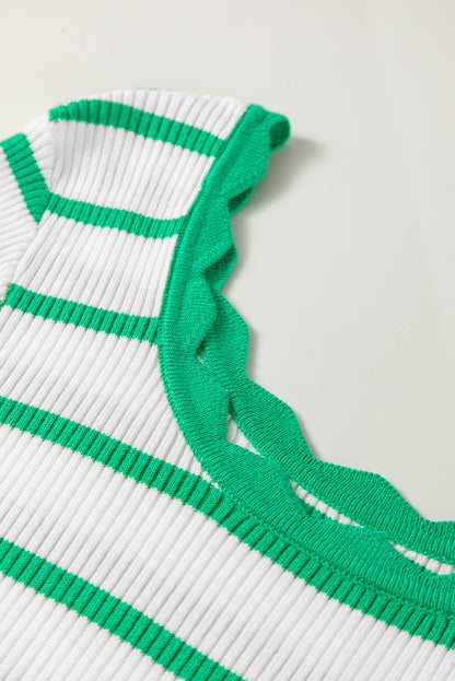 Bright Green Scalloped Trim U Neck Striped Ribbed Slim Sweater