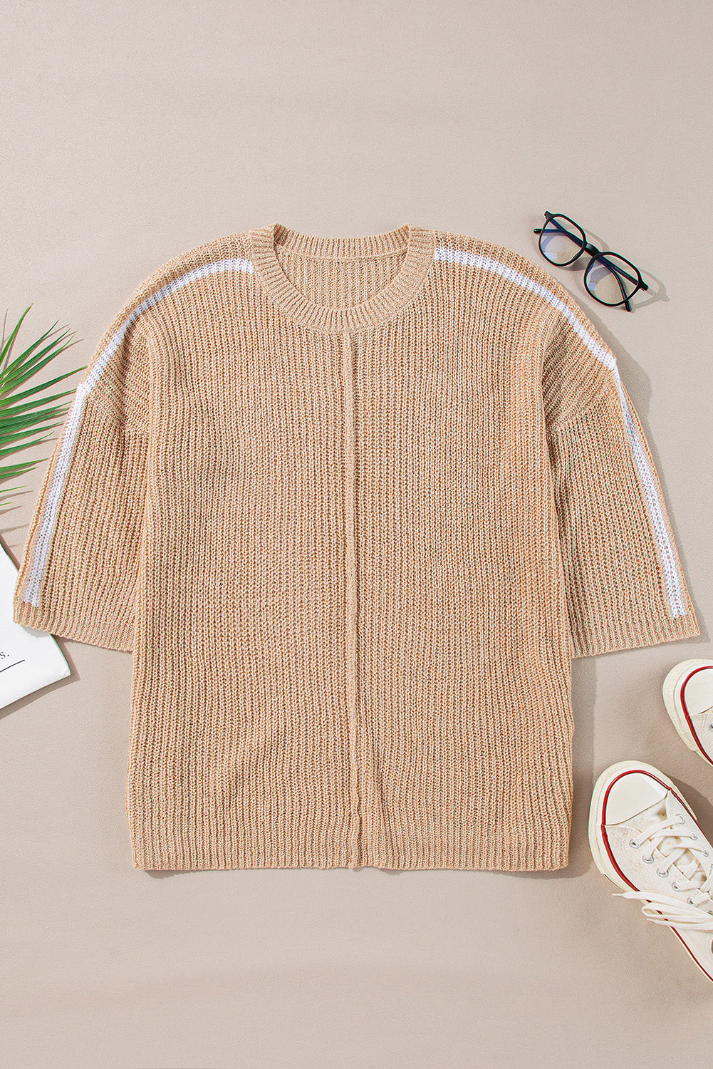Pullover mit Rundhalsausschnitt und 3/4-Ärmeln in hellem Französisch-Beige mit Kontraststreifen