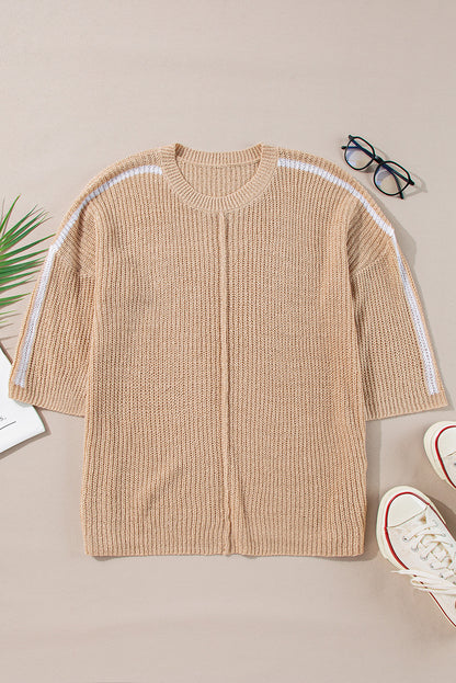 Pullover mit Rundhalsausschnitt und 3/4-Ärmeln in hellem Französisch-Beige mit Kontraststreifen