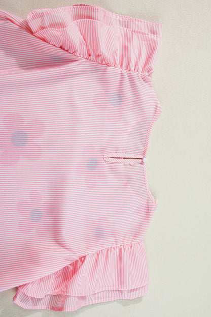 Rosa Bluse mit Nadelstreifen und Blumenmuster, Rüschen und Flatterärmeln
