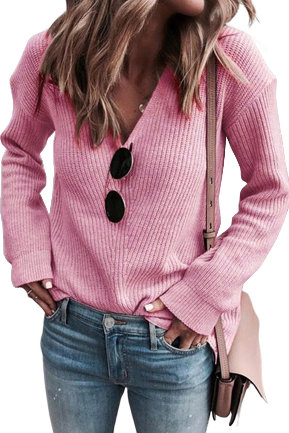 Rosa Rippstrickpullover mit V-Ausschnitt