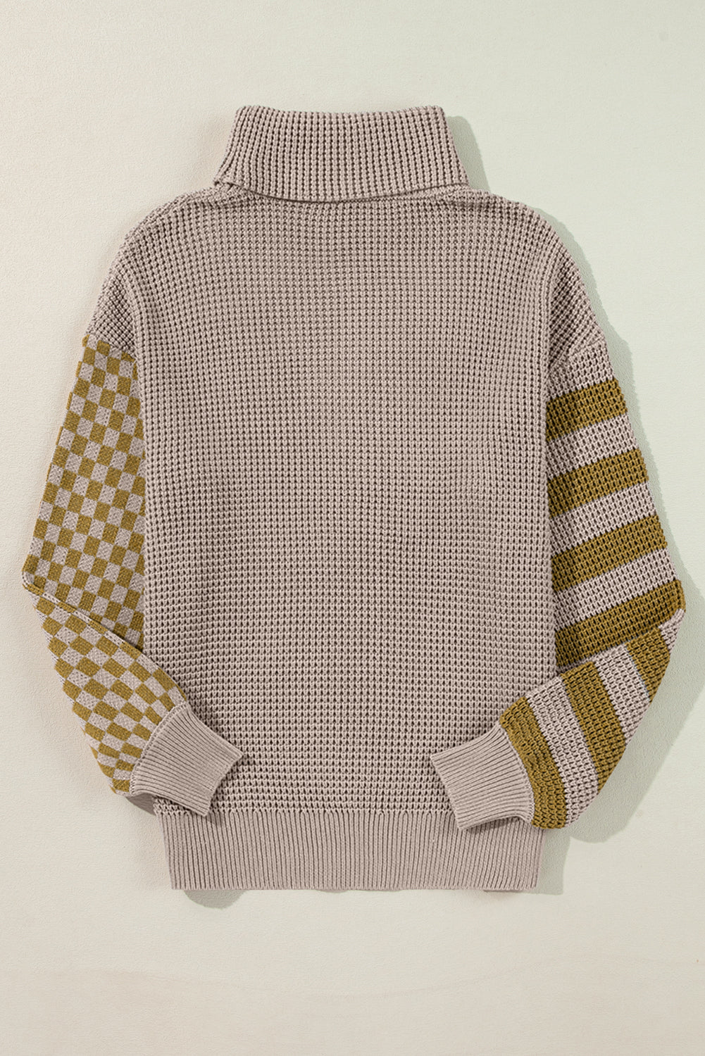 Rauchgrau gestreifter karierter Patchwork-Rollkragenpullover mit Waffelstrick