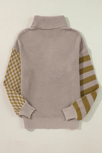 Rauchgrau gestreifter karierter Patchwork-Rollkragenpullover mit Waffelstrick