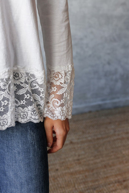 White Lace Trim V Neck Cuffed Long Sleeve Loose Top