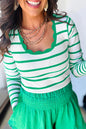 Bright Green Scalloped Trim U Neck Striped Ribbed Slim Sweater