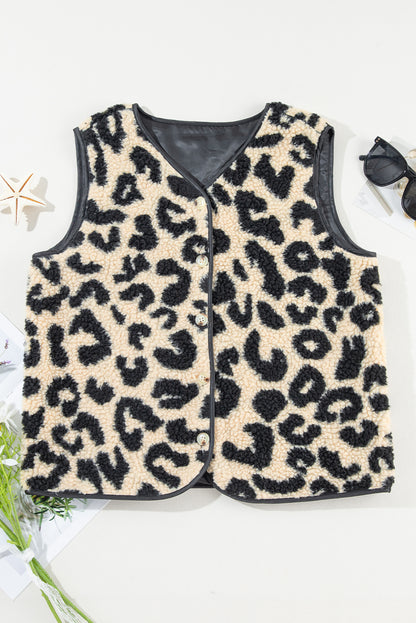 Schwarzer Sherpa-Westenmantel mit Leopardenmuster