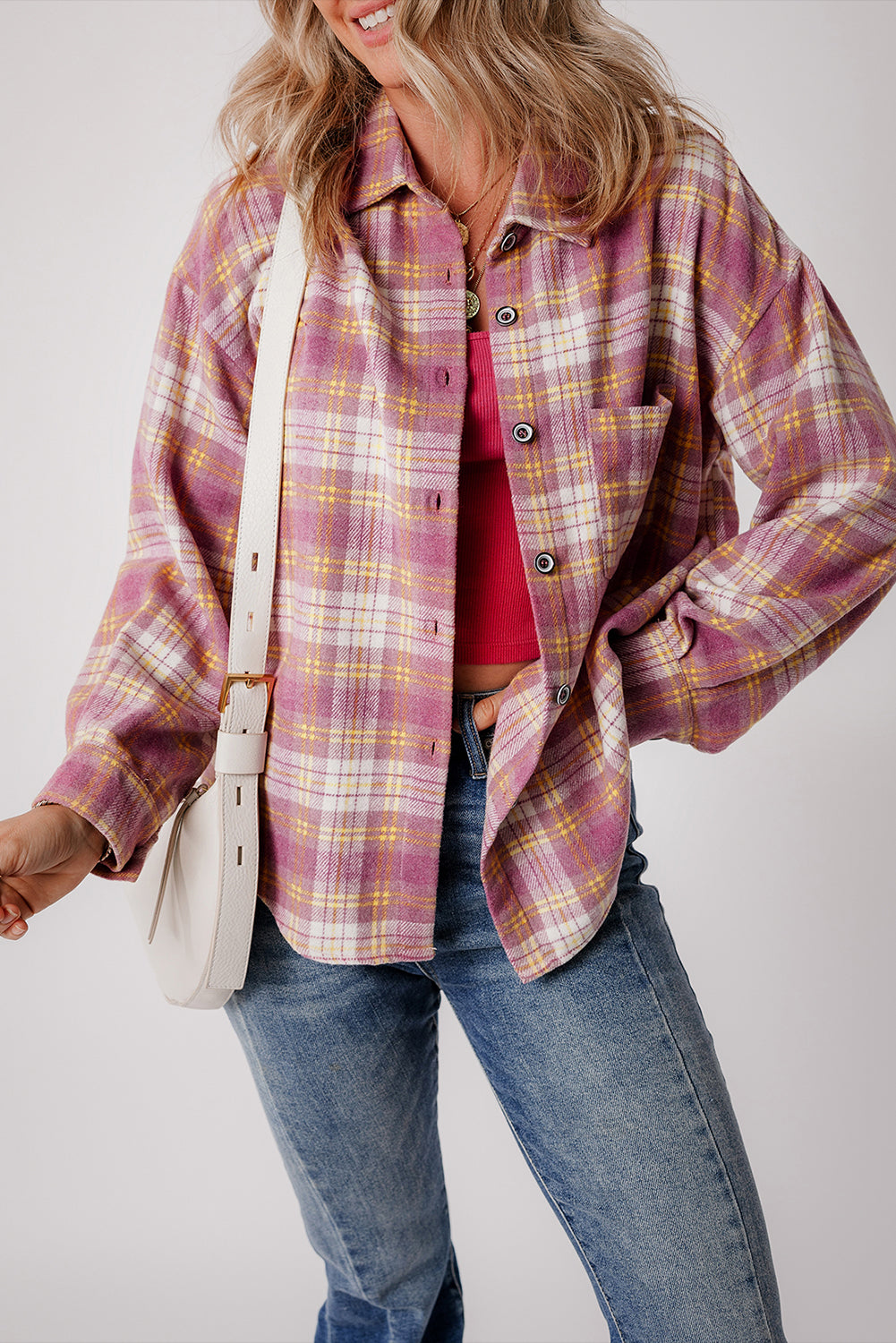 Rosa, langärmlige Hemdjacke mit Brusttasche und Karomuster