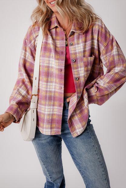 Rosa, langärmlige Hemdjacke mit Brusttasche und Karomuster