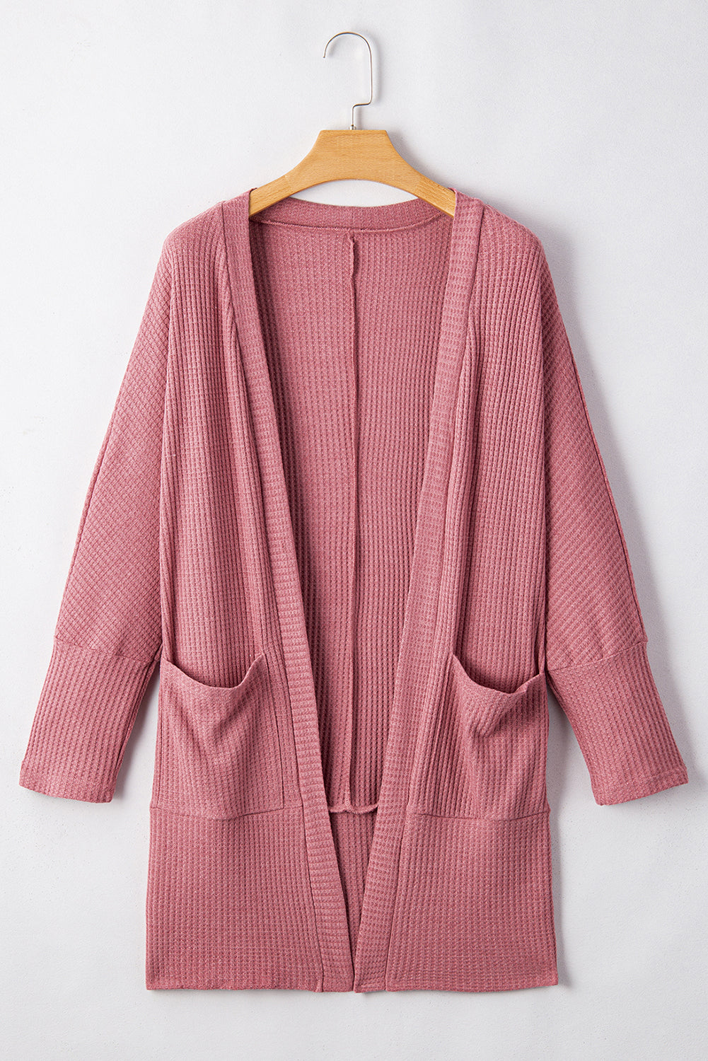 Mineralrote, einfarbige Strickjacke mit Waffelstrick und Tasche