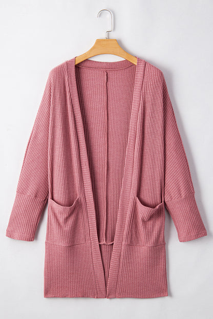 Mineralrote, einfarbige Strickjacke mit Waffelstrick und Tasche