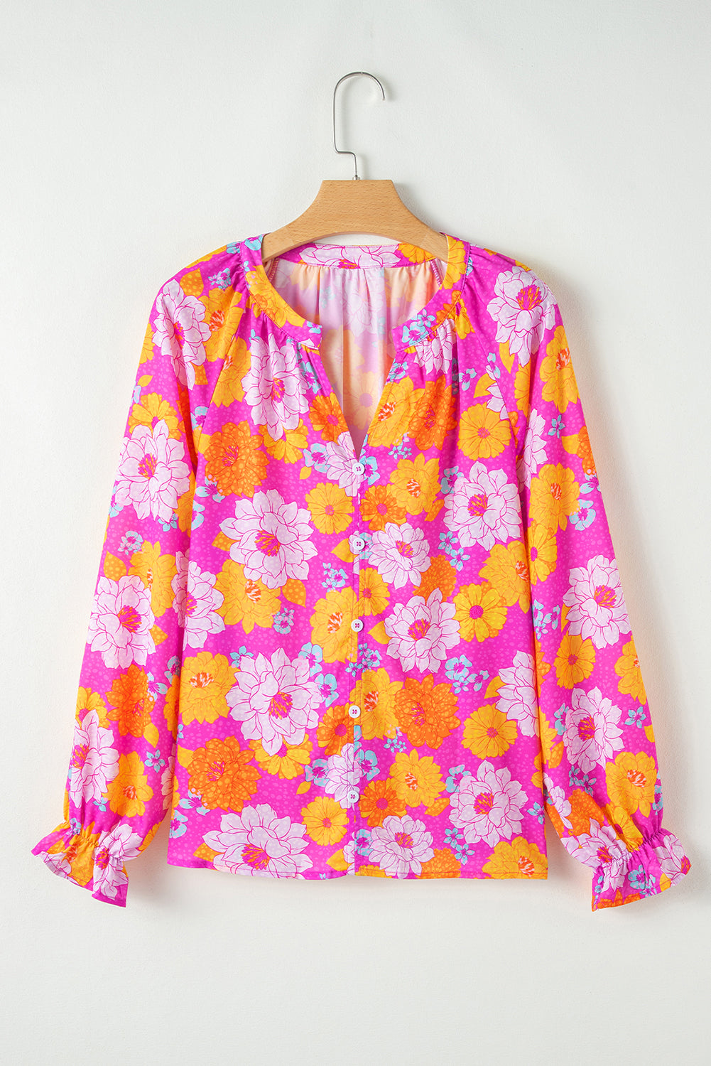 Bluse mit Volantärmeln und Reverskragen und Rosen-Blumendruck