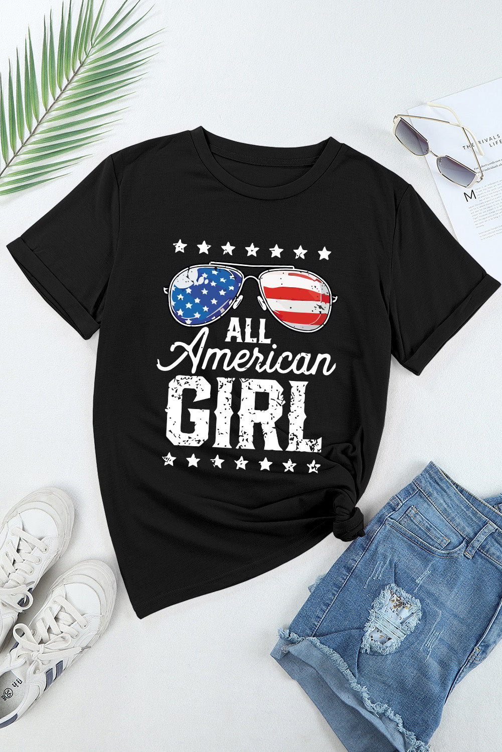 Schwarzes T-Shirt mit „Stars and Stripes Glasses“-Slogan
