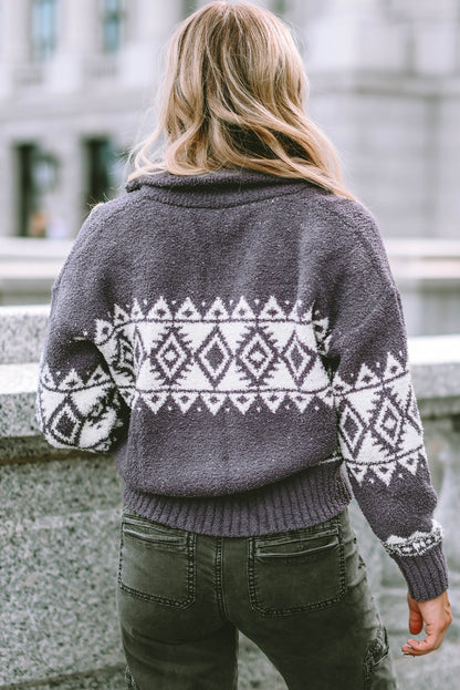 Grauer Pullover mit Viertelreißverschluss und geometrischem Western-Print