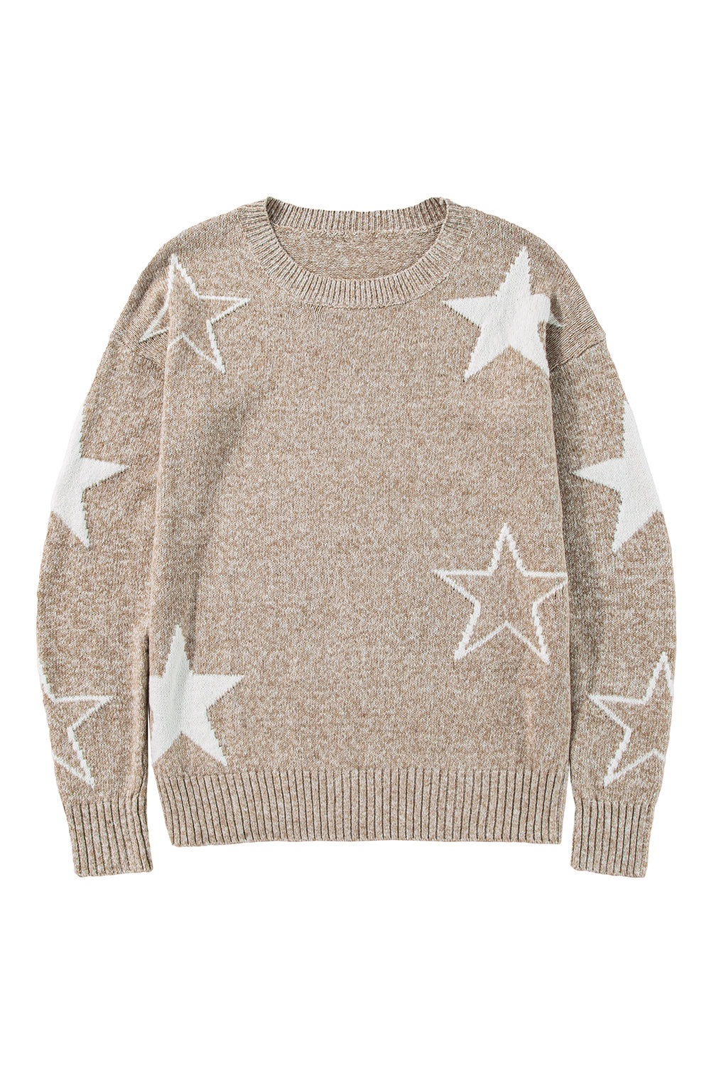 Khakifarbener Pullover mit überschnittener Schulter und Sternmuster
