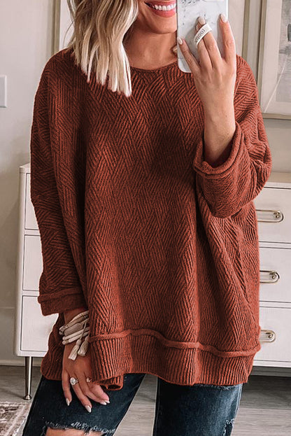 Gold Flame Einfarbig Strukturierter Lockerer Pullover mit Rundhalsausschnitt