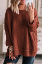 Gold Flame Einfarbig Strukturierter Lockerer Pullover mit Rundhalsausschnitt