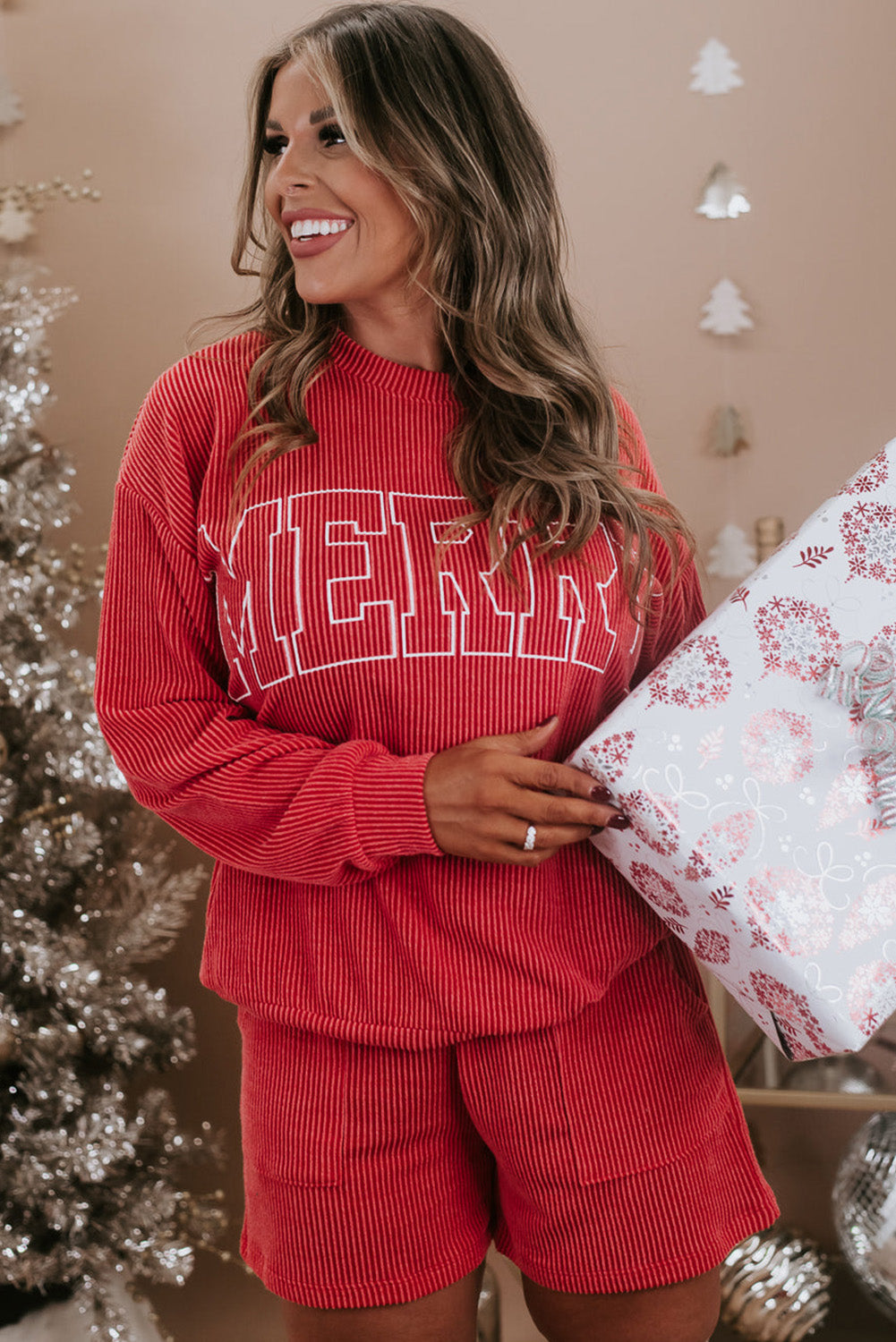 Racing Red MERRY Rippstrick-Set mit langen Ärmeln und Schnürung in der Taille in Übergröße