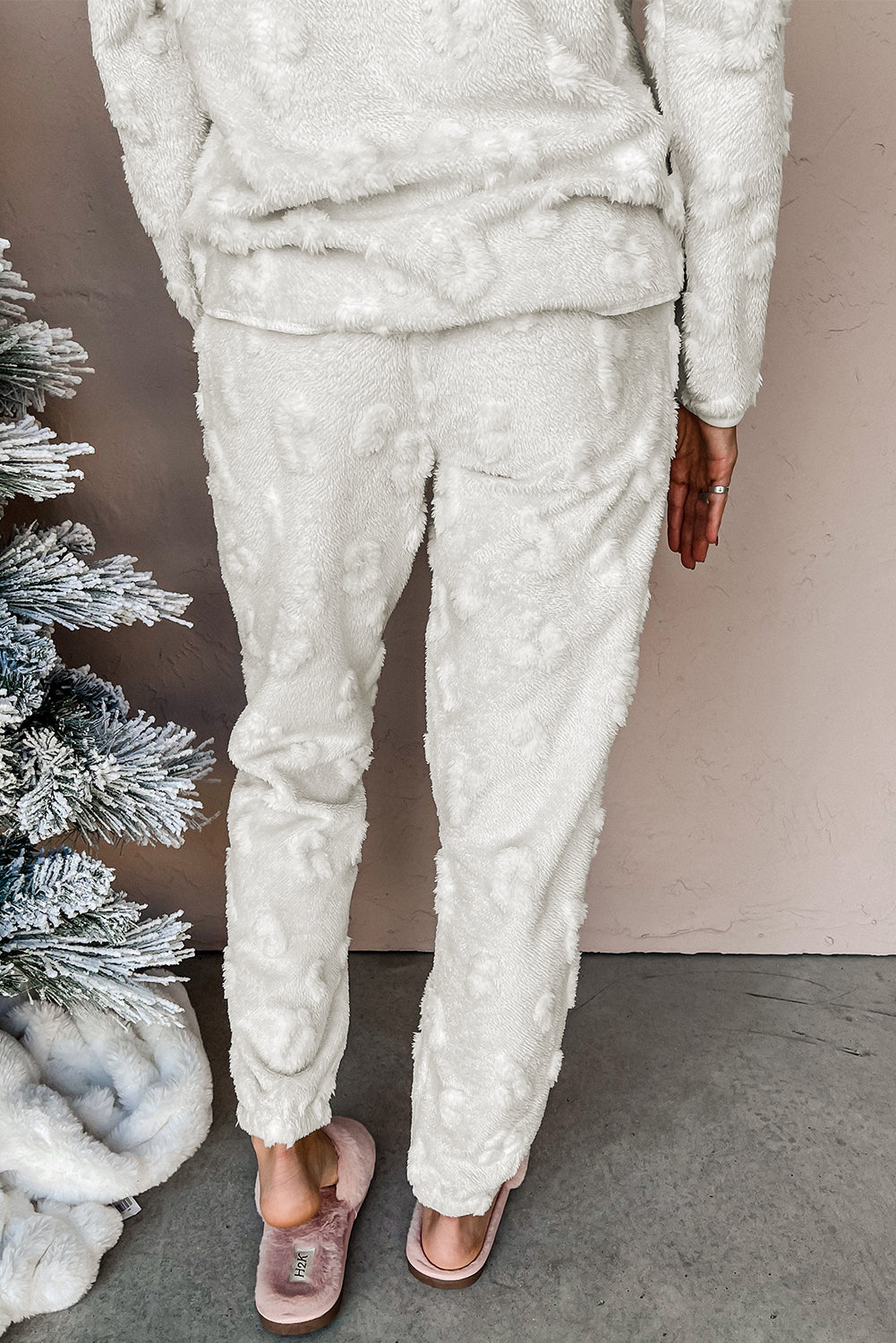 Locker geschnittenes Fleece-Lounge-Set mit Leopardenmuster in Hellgrau