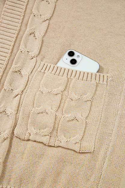 Parchment Cable Knit Braided Tie Sleeve Plus Size Open Cardigan