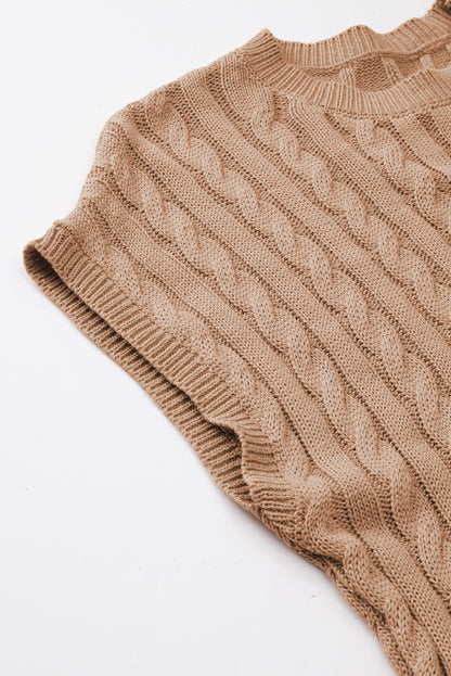 Hellbeiger, kurzärmliger Zopfmusterpullover mit Rundhalsausschnitt