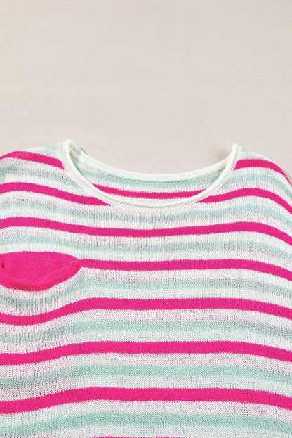 Oversize-Pullover mit überschnittenen Schultern und Tasche, Rosenstreifen
