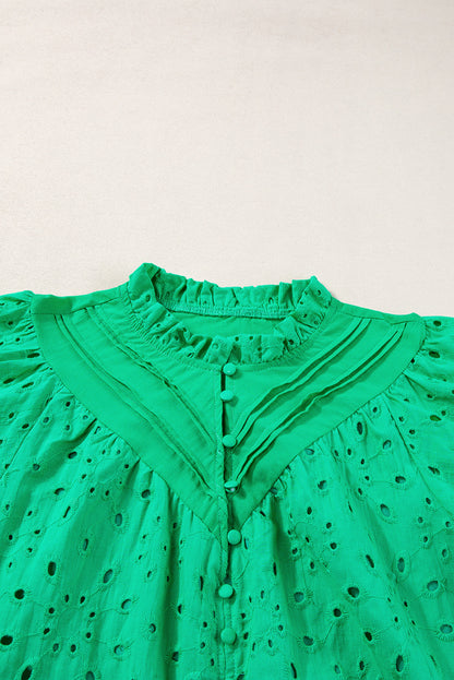 Grüne Bluse mit Blumenstickerei und Puffärmeln