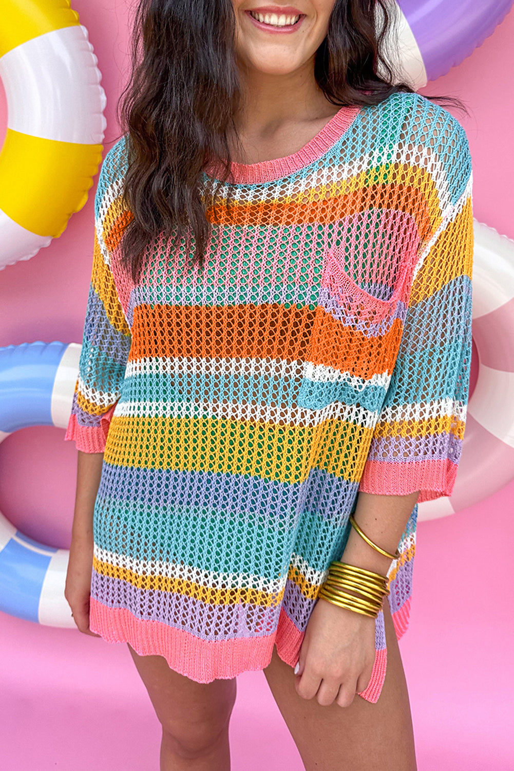 Rosa gestreifter Colorblock-Pullover mit 3/4-Ärmeln und ausgehöhltem Häkelmuster