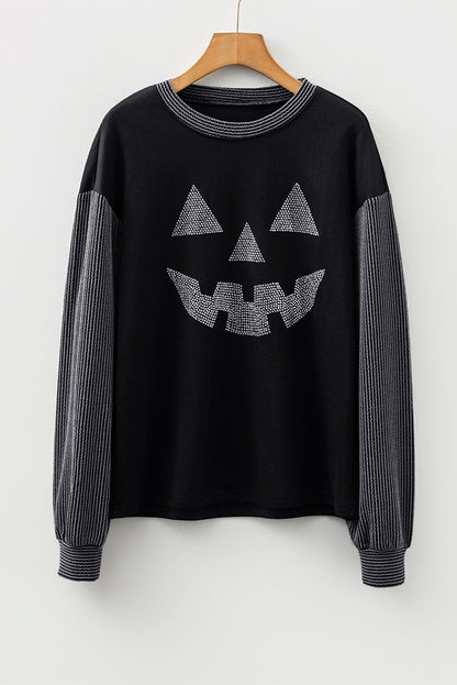 Black Halloween Rhinestone Pumpkin Face Contrast Ribbed Long Sleeve Patchwork Top