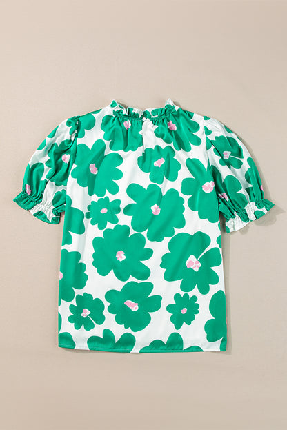 Grüne Bluse mit Blumenmuster, Puffärmeln und Rüschenausschnitt