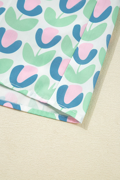 Green Floral Print Notched Neck Scalloped Detail Long Sleeve Mini Dress