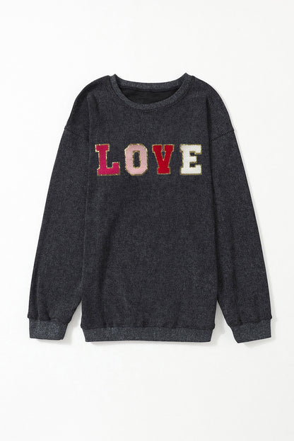 Schwarzes Sweatshirt mit Chenille-Stickerei und Grafik „LOVE“