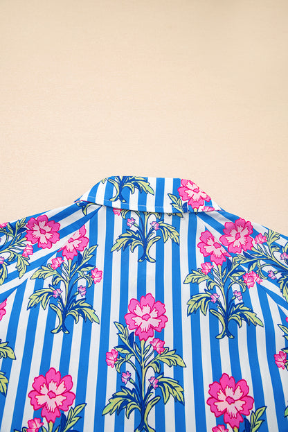Blue Striped Floral Print Buttoned Cuffs Loose Fit Shirt