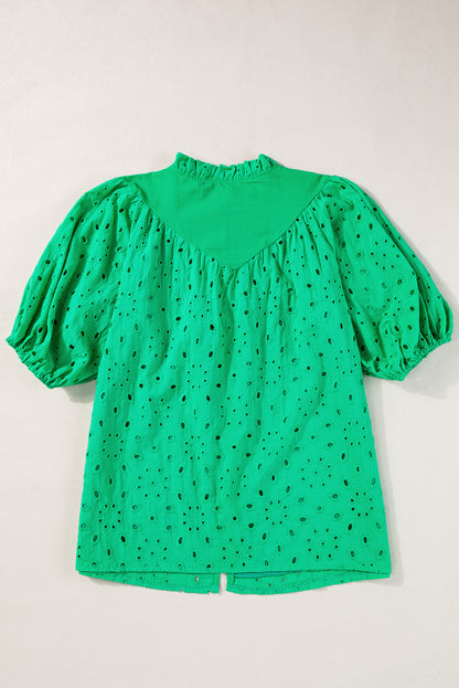 Grüne Bluse mit Blumenstickerei und Puffärmeln