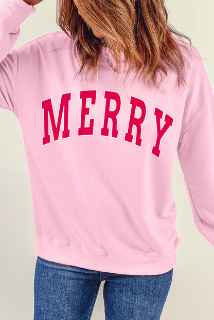Rosa, locker sitzendes Weihnachts-Sweatshirt mit „MERRY“-Alphabet-Print