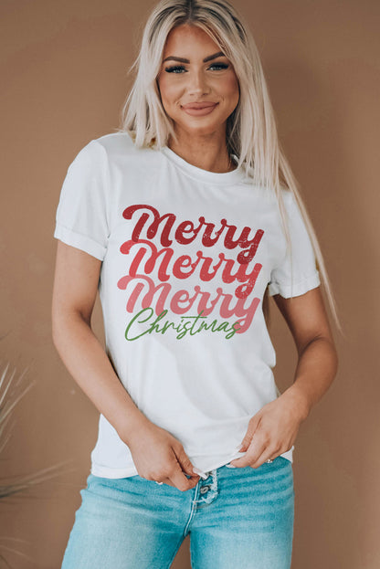 Weißes T-Shirt mit Rundhalsausschnitt und „Frohe Weihnachten“-Grafik