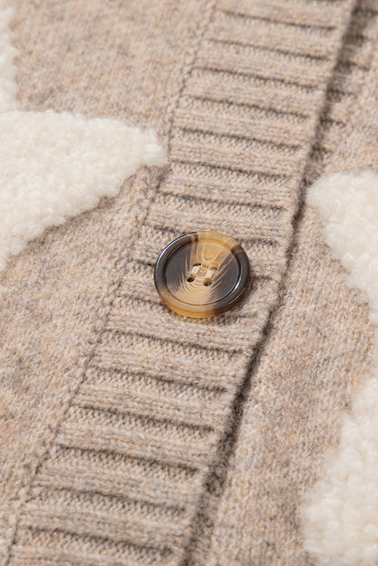 Khakifarbener Sherpa-Strickpullover mit Sternenmuster und Taschen