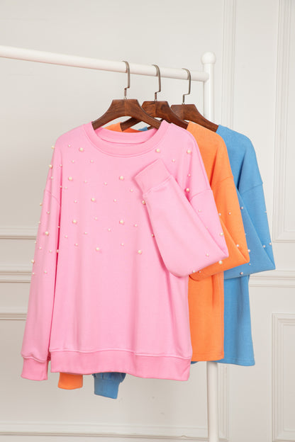 Myosotis Pullover mit Perlenärmeln, überschnittener Schulter und Rundhalsausschnitt